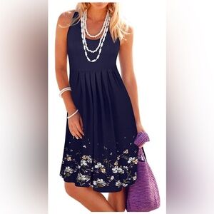 NWT Navy Pleated Sun Dress Beach Midi Sleeveless Light Floral Casual Relaxed Fit